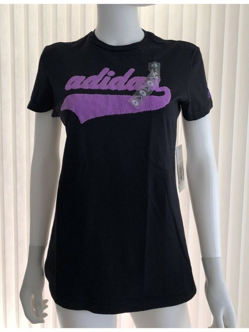 Adidas Women's T-Shirt Top Black Logo Purple 100% Cotton S